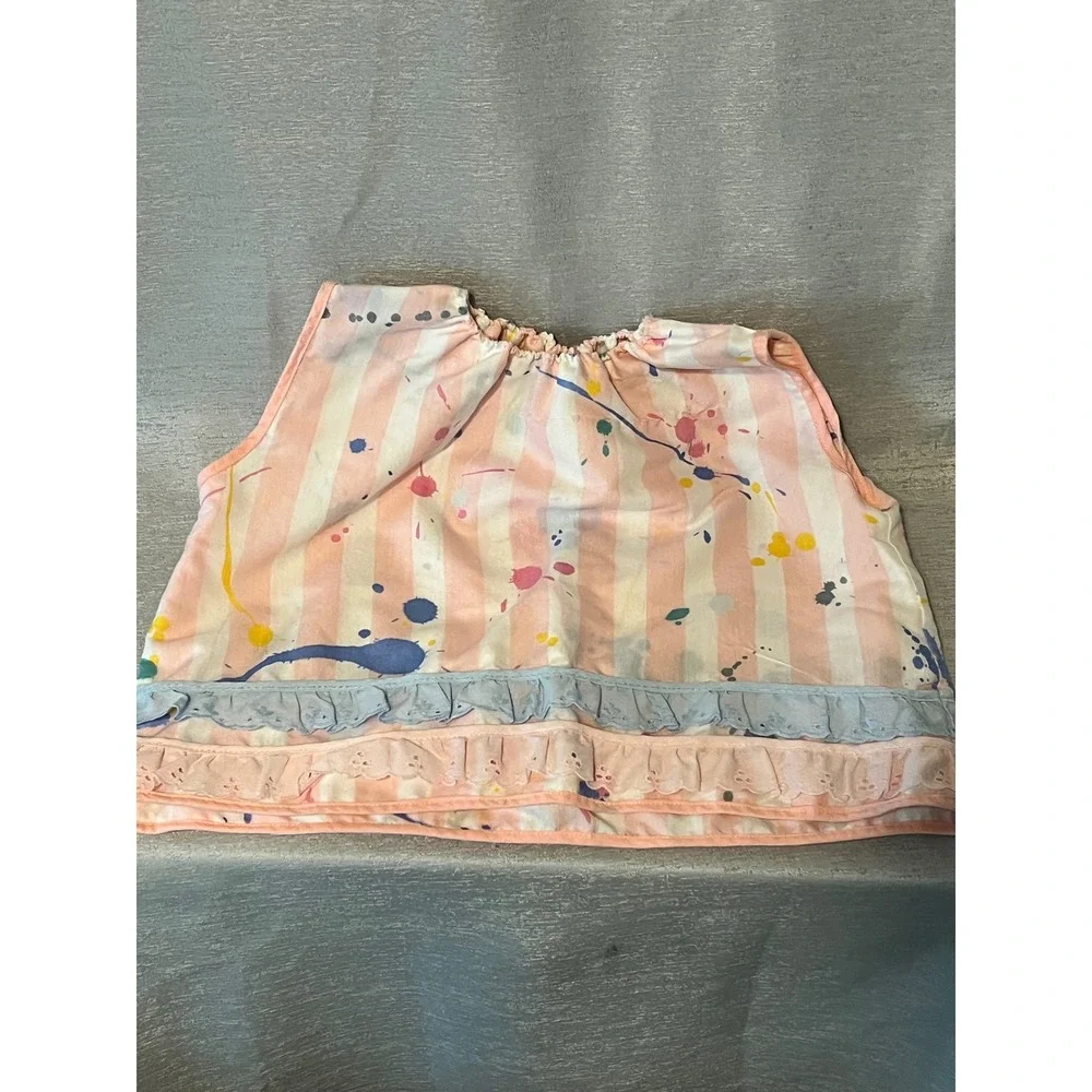 Kids Paint Splatter Striped Ruffle Top and Bloomers Set Pink Blue White vintage
